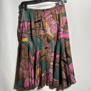 Vintage Abstract Print Skirt Pink Brown Green Art To Wear Skirt Retro 80s 90s L*